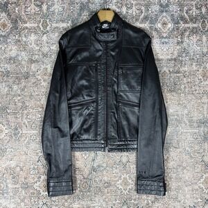 Nike Sportswear Black Leather Jacket Womens Small Cropped Moto NSW